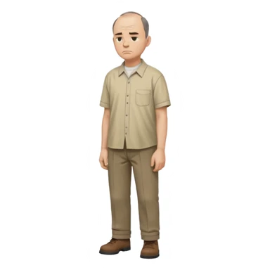 Carl from Sling Blade, serious expression, recognizable features, chin sticking out, slouching posture, no glasses, shirt with collar,  side view,show his entire body, he is standing. three-quarter face angle. He sticks his head forward sticker