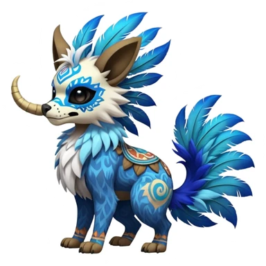 Furry cute colorful exotic tribal feral anime-styled Fakémon-Pokémon-animal-creature with a skull mask, and a feather-mane-collar, and blue feathers, with long furry ears, long furry tail, 4 legs, (full body), with intricate pattern-markings sticker