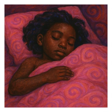dark skin girl sleeping under pink covers, bufo style sticker