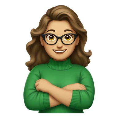 long wavey brunet hair, ponytail, Caucasian woman, fat, cat eye glasses, smiling, wearing a green sweater, transparent background sticker