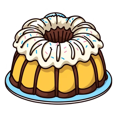 vanilla bundt cake with chocolate frosting and white sprinkles sticker