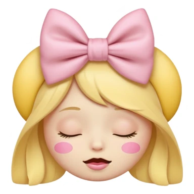 classic yellow laughing emoji with a very pretty pale pale pink bow no nose and closed eyes sticker