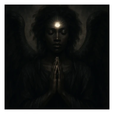a black angel in a praying pose with a flashing third eye, dramatic and mystical style, ethereal atmosphere sticker