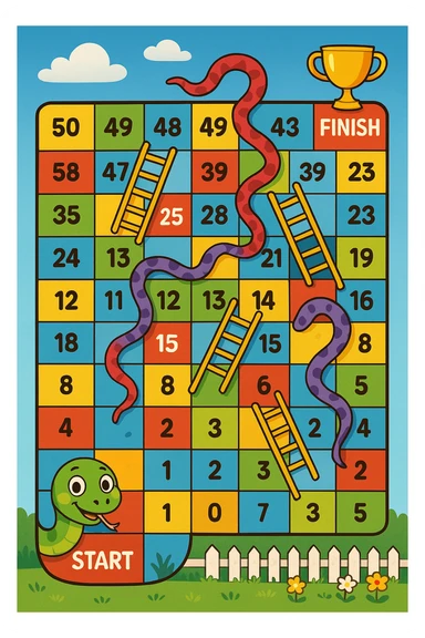 Create a colorful rectangular board game path in the classic "Snakes and Ladders" style. The path consists of 50 numbered squares arranged in a winding pattern across 4–5 horizontal rows. The path starts in the bottom-left corner with a cheerful cartoon snake's face and the word "START", and ends in the top-right corner with a trophy icon and the word "FINISH". Include several snakes that slide the player down (curvy red or purple snakes with playful expressions) and ladders that move the player up (brightly colored ladders with blue or yellow rungs). Some squares are colored differently (e.g. red, blue, yellow) to indicate special actions. The background is bright and fun, with a blue sky, white clouds, green grass, and a picket fence with flowers. Style: digital cartoon illustration with bold lines, vibrant colors, and a joyful, child-friendly atmosphere. The entire board should be playful, engaging, and suitable for kids aged 5–10. sticker