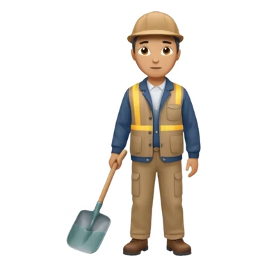 male worker 1950, wearing a flat cap, jacket and trousers, standing holding a shovel sticker