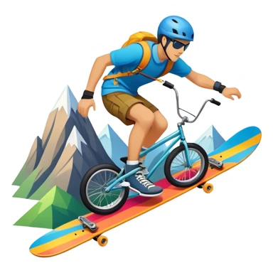 An emblem-style design representing extreme sports and lifestyle, featuring symbols of adventure such as a mountain, a skateboard, a kite, and a bike. The design is bold and dynamic, with sharp lines and energetic colors, capturing the essence of thrill, freedom, and adrenaline. sticker