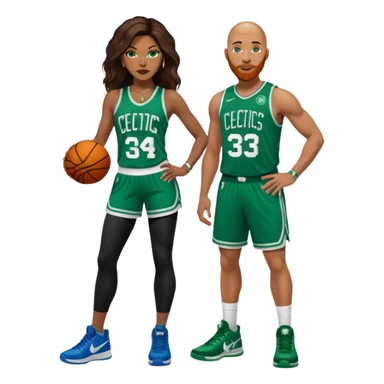 48-year-old black woman with brown eyes, long dark brown balayage hair dressed in sexy 
celtics jersey costume outfit & stilettos. Abald white man with ginger beard. he has blue eyes, wearing a Jason Tatum Boston Celtics Jersey, matching Nike sneakers  sticker