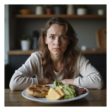 realistic woman with PCOS sitting at table with ketogenic plate (eggs, cheese, avocado, meat), puzzled or unconvinced expression, face with acne and facial hair, thinning hair, realistic environment, hyperrealistic 4K details sticker