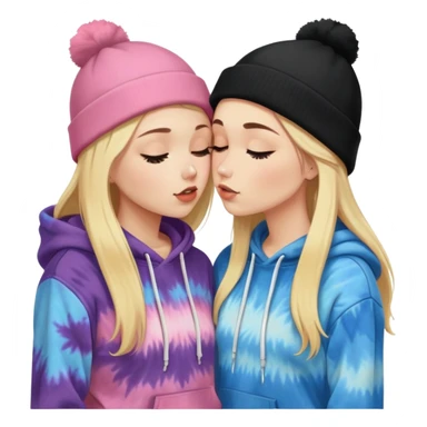 Short brunette white girl in a hoodie and a black beanie kissing a tall blonde girl wearing a black beanie and a tiedye hoodie. make ther brunette shorter than the blonde sticker
