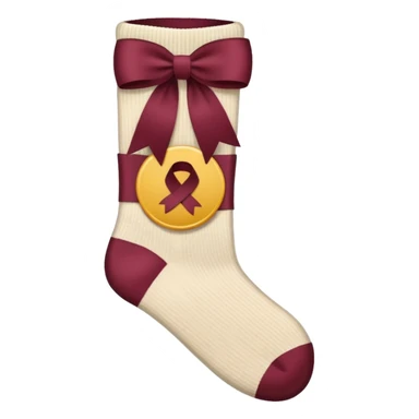 beige socks with a large burgundy ribbon sticker