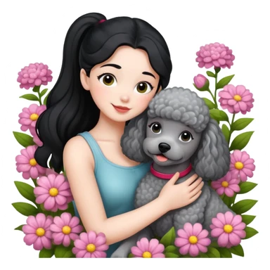 A beautiful girl with black ponytail happily hugs a gray poodle in the flowers sticker