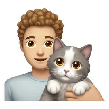 White man with brown curly hair, brown eyes, thick eyebrows, sharp jawline, bigger nose holding white and grey Ragdoll cat sticker