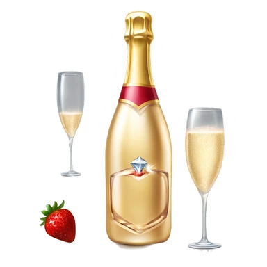 Realistic sparkling diamond glam bottle of champagne with matching skinny glass filled with the champagne with strawberry in the bottle of glass. sticker