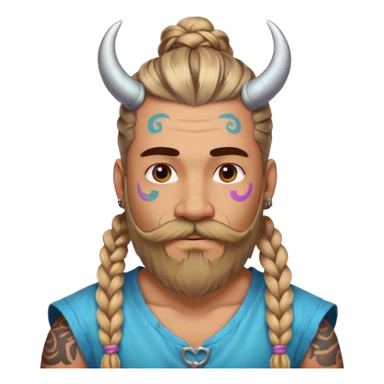 big lose braids starting from the top sides of the head hair like a unicorn man with mustache face wiith big visible loose only two braids and lots and lots of colored face tattoos colored tattoos like a tattoo artist hair unique color and beard viking  sticker