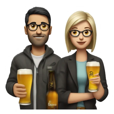 Man with straight short hair with glasses and stub. Woman with straight dark hair with glasses with beers in hand in Berlin  sticker