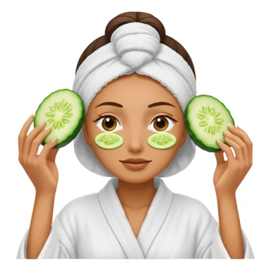 woman at the spa with cucumbers slices covering her eyes and tan skin tone with towel completely covering hair and robe on sticker