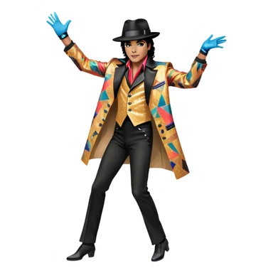 Icon for R&B Music: Michael Jackson in full body, wearing a bright, recognizable costume—sparkling jacket, black fedora, and signature glove. He is in a dynamic, energetic pose, with musical notes and abstract patterns surrounding him. Transparent background. sticker