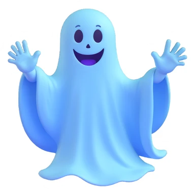 cartoon ghost, smiling, waving, light blue tint, playful style sticker