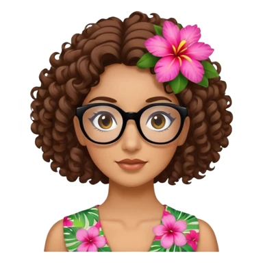 Chica rizada con cabello café, con pestañas y lentes negros, con una flor hawaiana con el cabello al lado sticker