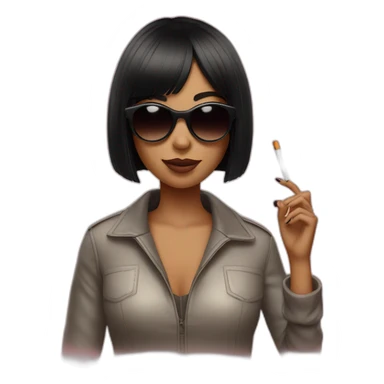 girl with black bob hair with bangs and sunglasses who is holding a cigarette sticker