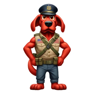 Desert storm humanoid Clifford the big red dog muscled with tattoos on arms book illustration as a military call of duty character standing alone sticker