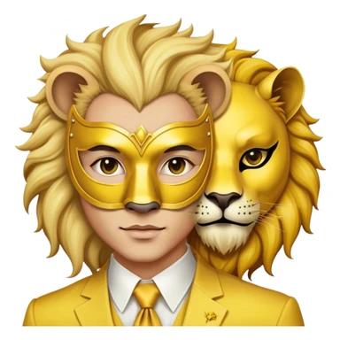 a man, with a Yellow suit,  wear half-face golden Lion masquerade mask sticker