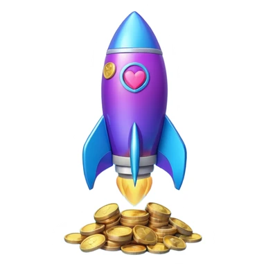 3D rocket with coins and hearts, purple blue gradient, glossy, transparent background sticker