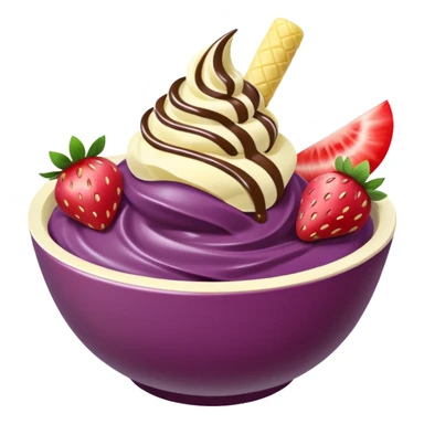 acai purple soft serve in a bowl strawberries and chopped banana sticker