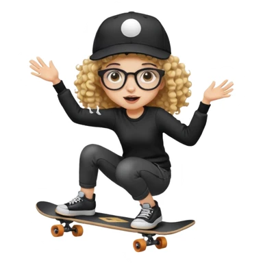 ["An excited girl with light skin, curly hair, wearing a baseball cap and square glasses, dressed in goth fashion, is skateboarding while holding a camera."] sticker