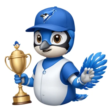 blue jay wearing blue jay baseball hat, holding trophy in left hand sticker
