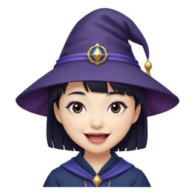 An Asian short-haired girl with short raven hair and bangs, with heterochromia eyed, eyeliner, and laughs with a tiny fang of mauve-toned lipstick, wears a dark navy wizard hat with an emblem on it. sticker