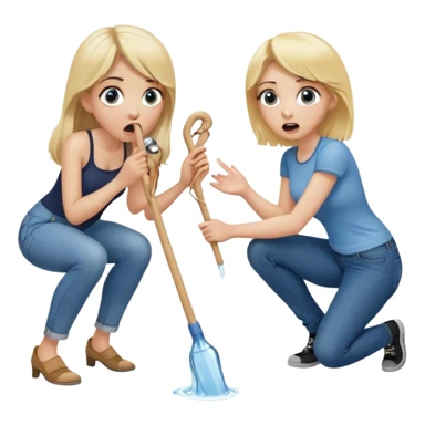 blond woman sitting on her knees with wide eyes, another man in jeans is staying (not sitting) on her left, she's holding a wide skin-colored stick with a D-shaped knob, the stick and the nob have skin texture, water squirting from the knob into her mouth, shocked face sticker