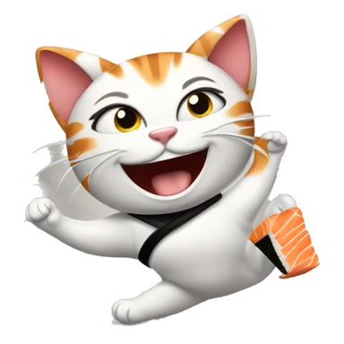 happy girl cat eating sushi and dancing sticker
