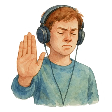 watercolor style person in headphones showing a refusal sign sticker