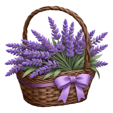 A carefully arranged lavender bouquet, interwoven with hints of muted wisteria and smoky violet, rests inside a vintage wicker basket, its stems spilling over in a cascade of soft, fragrant beauty. A loosely draped silk ribbon in shades of lavender and aubergine weaves through the handle, catching the light as it gently sways in the breeze.
 sticker