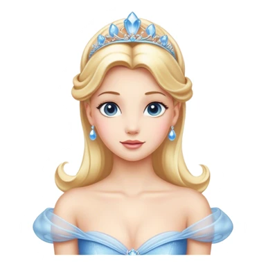 Cinematic Elegant Cinderella Portrait Emoji, rendered in a cinematic, vector-style with minimal shading and bold, simplified shapes. Depict Cinderella in her classic ball gown (chest and above) with fair, porcelain skin and elegantly styled blonde hair, her eyes soft and kind, and her expression serene and graceful. The design glows with a gentle, enchanting radiance and high shine, capturing the timeless beauty of a fairy tale princess. sticker