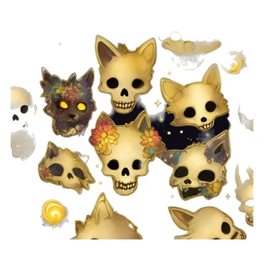 iridescent kintsugi fluffy zombie black brown gold dog fox head zombie skull skeleton gold mechanical nebula galaxy stars colorful flowers fairy lights vintage zombie sticker