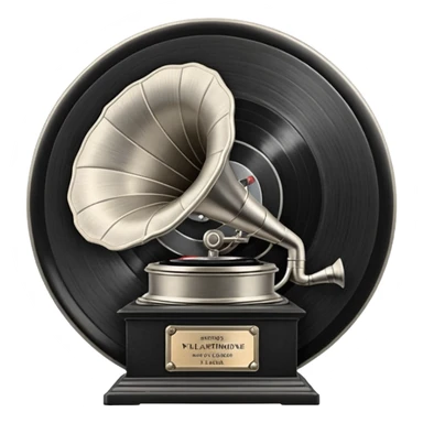 A dark metal platinum music award plaque The center features a relief of a vintage gramophone or stylized vinyl record in a slightly darker metallic tone sticker