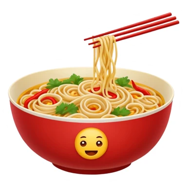 Chinese cuisine humanless avatar in bright emoji-style illustration. Noodles bowl, red and gold colors, simple shapes, flat design, bold and energetic. sticker