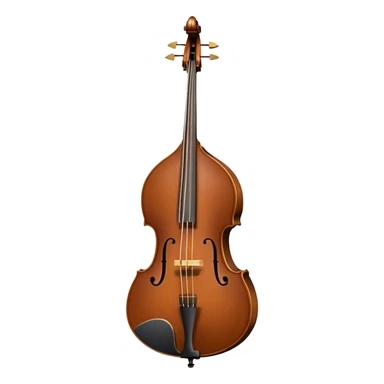 Create an elegant and refined emoji representing a double bass. The design should showcase the tall, curved wooden body of the double bass with its rich brown finish and visible details such as the tuning pegs, fingerboard, and bridge. Highlight the thick strings and the prominent scroll at the top of the neck. Add a bow resting near the instrument to emphasize its role in classical music. Use deep wood tones like chestnut brown and subtle gold or silver accents for the tuning pegs and strings. The background should be transparent. sticker