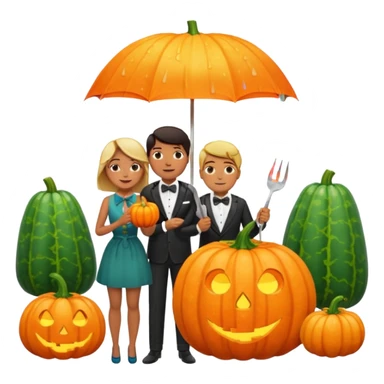 Make a guy hugging a giant pumpkin with a fork in his right hand while there's fire while there's a lady watching while it's raining while there's an umbrella on the ground that's alive and the sun has a bow tie on his neck sticker