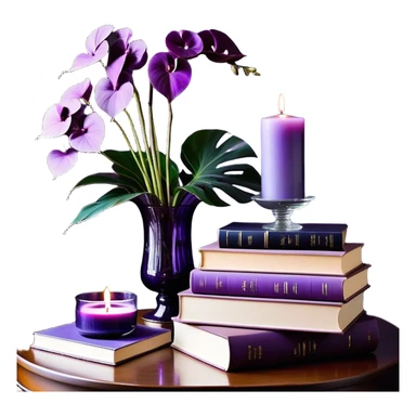 A sophisticated and artistic still life arrangement: a balanced stack of hardcover books in light and dark violet tones, their spines aligned in harmonious contrast. A lavender-colored monstera plant flourishes beside them, its uniquely shaped leaves adding a touch of organic beauty. A deep purple orchid glass candle holder glows gently, radiating warmth. To enrich the composition, a decorative amethyst crystal catches the light, a soft plum-colored linen cloth cascades from the table’s edge, and a delicate lavender-scented candle completes the ambiance of refined tranquility. sticker