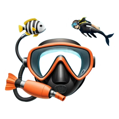 An icon featuring a close-up of a diving mask, snorkel, and fins floating on the surface of vibrant blue water. In the background, coral reefs and tropical fish create a lively underwater scene. Transparent background highlights the beauty and adventure of the diving experience. sticker