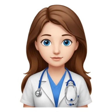 inside a classroom at university, a pretty female nursing student with long brown hair, blue eyes sticker