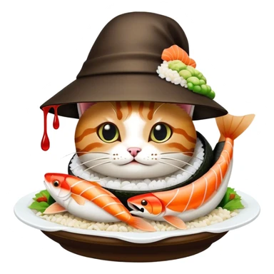 cat wearing a sushi hat with rice base, multiple fish pieces on top, wasabi accent, and lots of soy sauce heavily dripping down the sides, abundant sauce flowing from sushi hat sticker