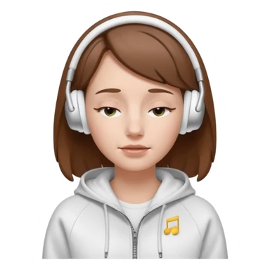 A clean, minimal emoji-style illustration of a white girl with brown hair worn loose. Her eyes are closed while listening to music with silver AirPods Max. She’s wearing a white zip-up hoodie. Smooth 3D emoji style, soft lighting, neutral tones. sticker
