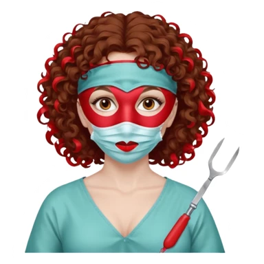 Lilith symbol seductress evil surgeon. Hair curly, and brown. Long curly brown hair. Red surgical mask and hair covering. She works for cartel and kills  with a scalpel. sticker