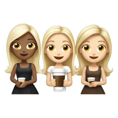 Four beautiful white european girls, one with blond hair and two dark blond hair in dresses have coffee sticker