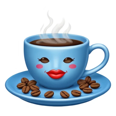 A steaming cup of coffee is visible. The blue cup has a kissing lips print and sits on a blue saucer filled with coffee beans. sticker