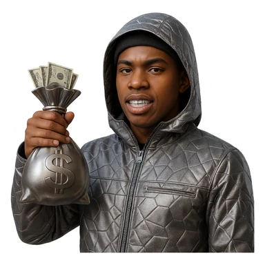 Create a character inspired by the person in the reference image with realistic brown skin tone and natural facial features. Dress him in a chrome patterned hooded jacket with a less shiny, more matte metallic finish. He is holding a chrome brown money bag with a subtle metallic look in the correct hand (opposite of the previous version), with realistic US dollar bills coming out. The character has visible grills and a confident expression. Only the jacket and money bag are chrome and less shiny; the face and hands look natural. Background is transparent. sticker